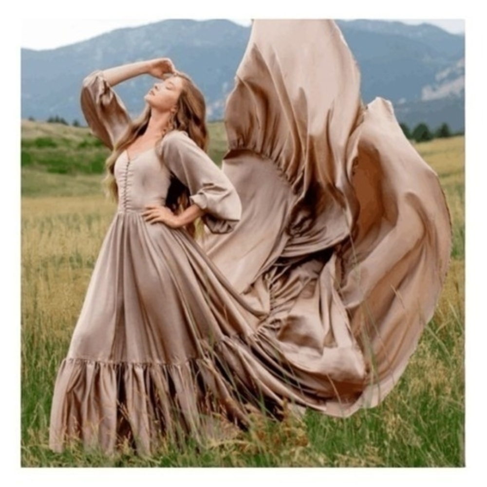 Joyfolie Taupe Maxi Dress with Balloon Sleeves